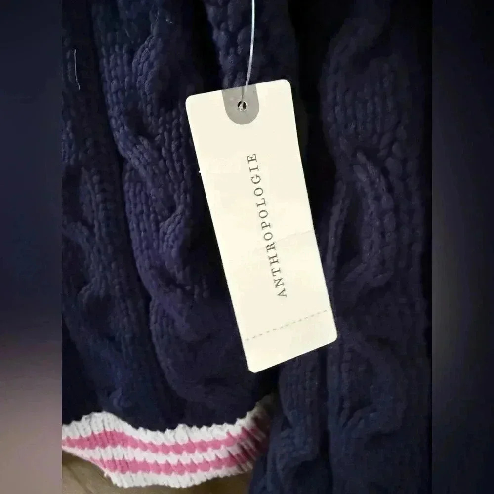 NWT • Anthropologie Maeve Varsity Cable Knit Cardigan Sweater Navy/Pink Small - Picture 8 of 9